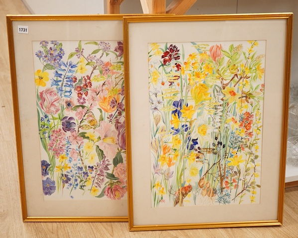 Elizabeth Jane Lloyd (1928-1995), Two watercolours from the garden calendar, comprising March and April, exhibited at Royal Botanic Gardens, Kew 1991 with paperwork, each 53 x 36cm